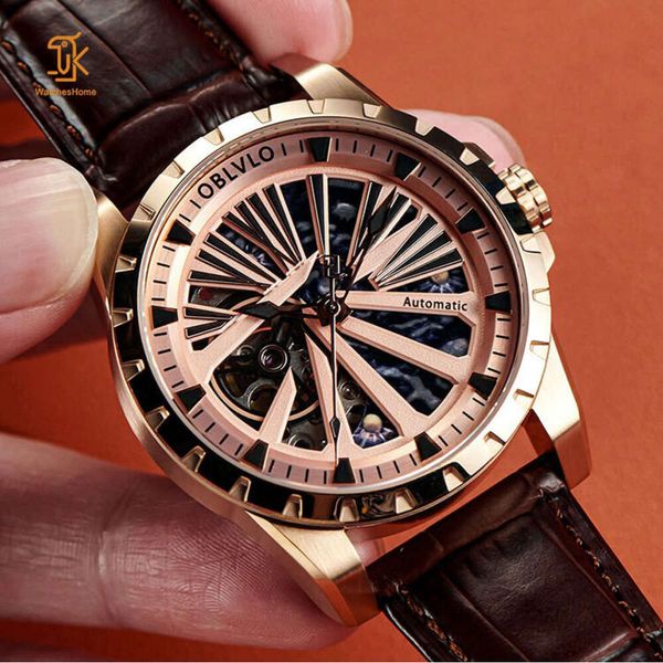 Benutzerdefinierte Bronze Riff Tiger Skelett Automatische Mechanische Edelstahl Business Leuchtende Handgelenk Herren Für Männer Uhr Teile
