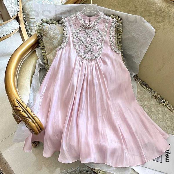 Abiti casual di base del marchio di design Miu stile rosa e tenero abito super fatato con diamanti tempestati di diamanti senza maniche con collo appeso gonna sexy fluente linea A di fascia alta