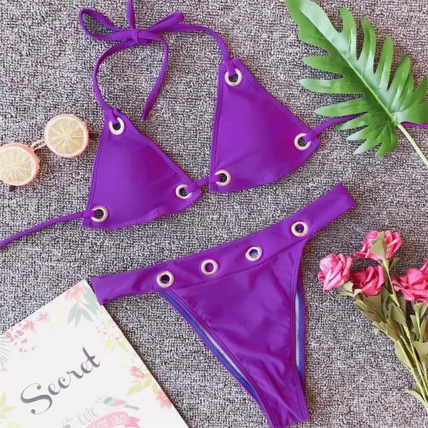 Mulheres Swimwear Biquíni Roxo Tanga Micro Maiô Buracos De Metal Halter Strappy Mulheres Beachwear Triângulo Biquinis Conjunto Maiô Biquini