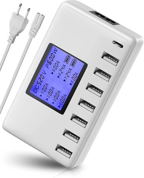 USB-Ladestation, 8 Anschlüsse, 60 W, 12 A, Multi-Port-USB-C-Hub-Ladegerät mit LCD-Display für Mobiltelefon, Tablet, mehrere Geräte 240314