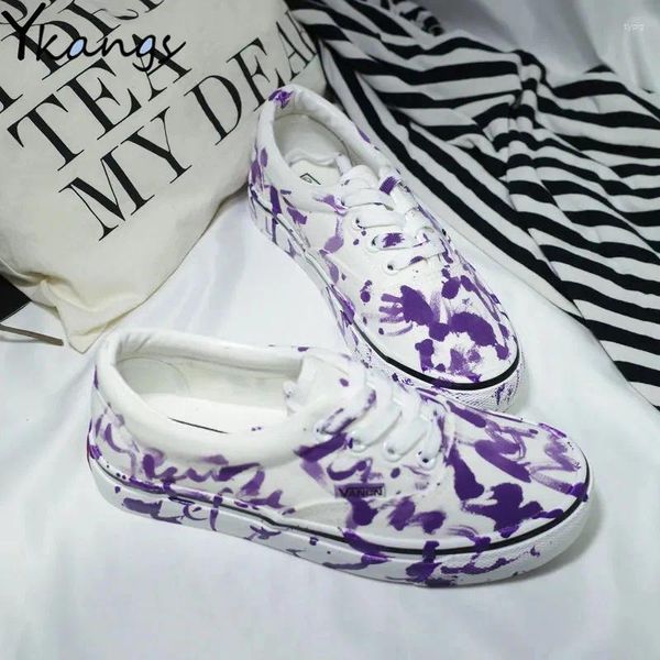 Sapatos casuais verão pintados à mão tinta respingo plus size lona feminina fundo plano personalidade branco casal vulcanizado