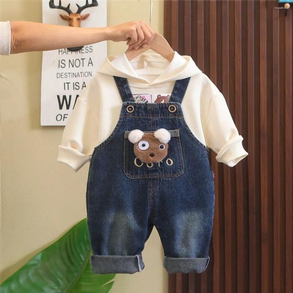 Conjuntos de roupas 2024 Primavera Valentines Outfit para Bebé Roupas 1 a 2 Anos Dos Desenhos Animados Manga Longa Com Capuz Hoodies e Macacões Denim Meninos