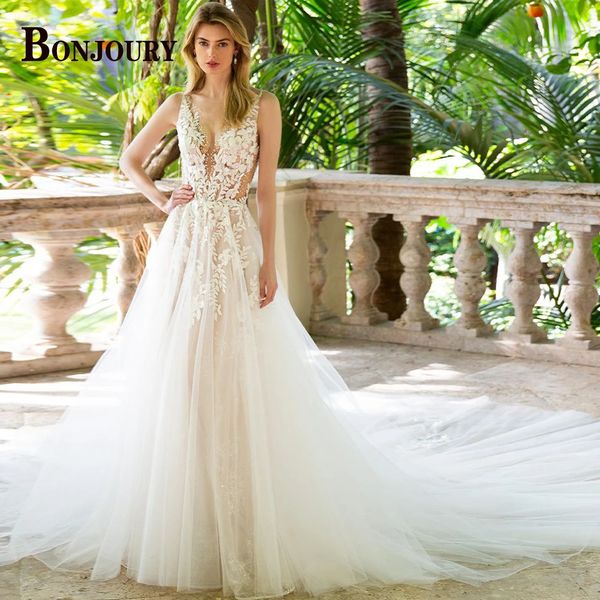 BONJOURY Abiti da sposa moderni Scollo a V Canotta Paillettes Per donna Da sposa Lunga A-line Tulle Appliques Abiti da sposa Custom Made 240313