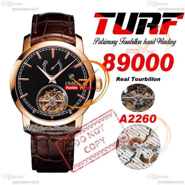 Patrimony Traditionnelle 89000 Real Tourbillon carica manuale orologio da uomo TURF riserva di carica oro rosa quadrante nero pelle marrone Super Edition Puretime Reloj PVC