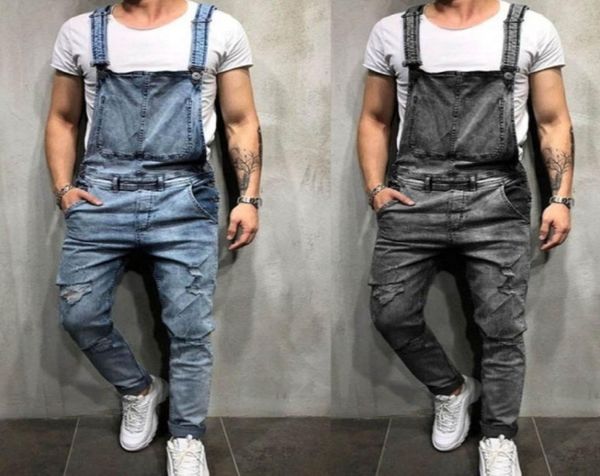 Moda design retrò sottile nero blu tuta di jeans jeans di cotone tagliuzzato denim pagliaccetto jeans bavaglino maschile tuta jeans1128932