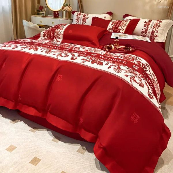 Set di biancheria da letto Set di nozze di lusso per le celebrazioni Copripiumino rosso Lenzuola e federe Trapunte Tessili per la casa King