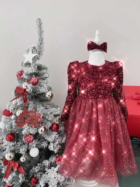 Abiti da ragazza Baby Summer Spring Party Abito con paillettes glitterati per bambini Gonna tutu in pizzo a maniche lunghe per bambini Elegante lucido