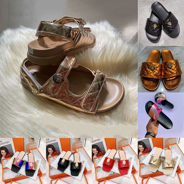 Açık Kurt Geiger Sandals Ünlü Tasarımcı Kadınlar Düz Alt Ayakkabı Sandal Sandal Splice Gökkuşağı Slaytları Kartal Kafa Kakma Elmas Açık Mekan Sandal Kaydırıcıları 36-43