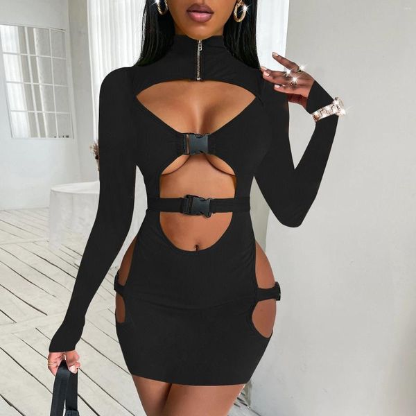 Casual Kleider Frauen Langarm Bodycon Siamese Skir Kleid Quick Release Schnalle Ausschnitt Party Mini Für Strand Cocktail Club Streetwear