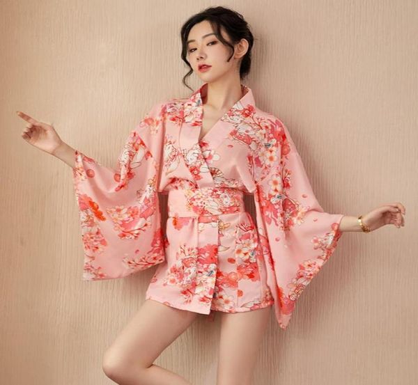 Abbigliamento etnico Donna Kimono Fiore di ciliegio giapponese Stampa Vita in chiffon Rosa Allentato Comodo Accappatoio Ragazza Pigiama per la casa Kawaii 2085124