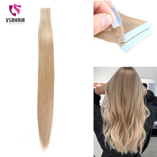 Extensões de cabelo vsr fita cinza loira máquina europeia remy cabelo humano sem costura trama da pele dupla desenhada espessura fita extensões de cabelo 20 