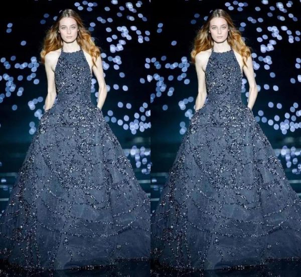 Elie Saab 2020 Dark Navy Vestidos Halter Neck Tulle Aline Prom Vestidos Comprimento Total Sexy Formal Party Celebrity Dress Customi5538314