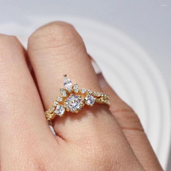 Кольца-кластеры Gem's Beauty, стерлинговое серебро 925 пробы, позолоченное кольцо 14 карат, кольцо с белым цирконом для женщин, соответствующий комплект для свадьбы и помолвки