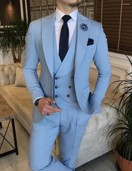 Мужские костюмы 2024 Небесно-голубой элегантный деловой костюм Формальный свадебный пиджак Вечеринка Tuexdo Высококачественный комплект из 3 предметов Trajes Elegante Para Hombres
