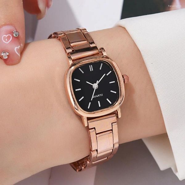 Relógios de pulso moda banda de aço quadrado dial relógio feminino rosa ouro quartzo retro casual senhoras relógio de pulso