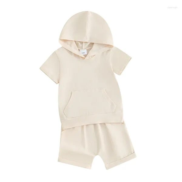 Conjuntos de roupas infantis meninos casuais 2 peças roupas cor sólida bolso com capuz manga curta camisetas tops cintura elástica shorts