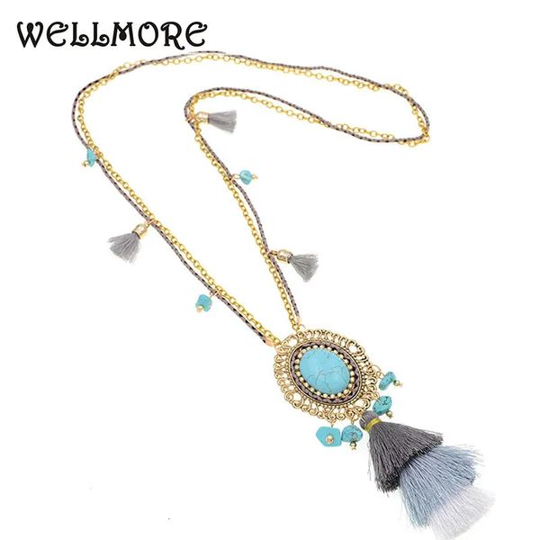 Wellmore colorido boêmio borla declaração colar pedra corda corrente pingente colares para jóias femininas atacado 240315