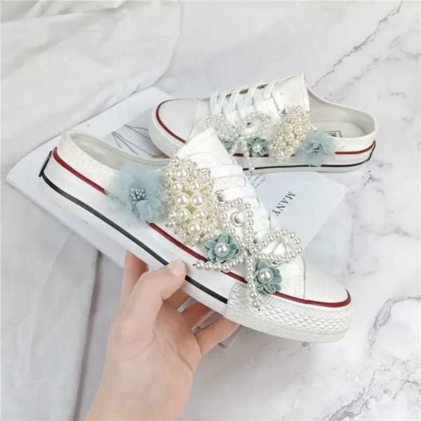 Scarpe casual Primavera/estate Tela senza tacco per le donne Donna Fiori di perle Ragazze Studenti Moda con lacci 35-40