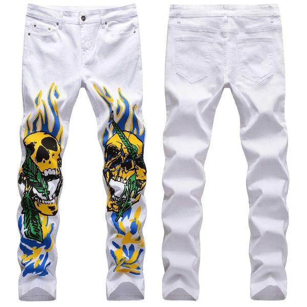 Denim bianco elastico slim fit da uomo alla moda con pantaloni a vita piccola con personalità di teschio Graffiti Flame