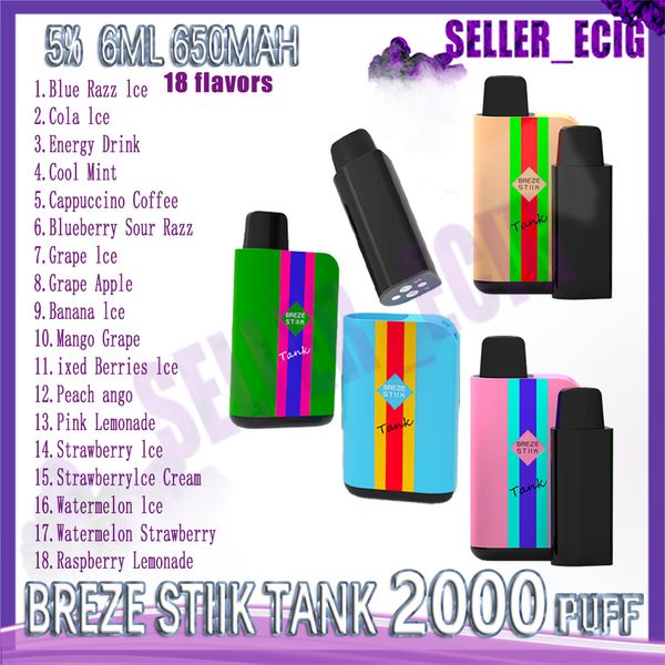 % 100 Orijinal Breze Stiik Tank 2000 Puflar Sigara Tek Kullanımlık Vape Kalem Ecigs Değiştirilebilir Pod 6ml 18 Lezzetler 650mAh Pil 2% 5 Buharlaştırıcı Buhar Cihazı