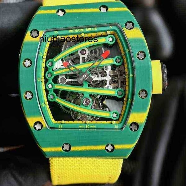 Luxury Richarmille Data Hollowed Cuidado Mechanical Watch Real Tourbillon Fibra de Carbono Moda leve verde verde luminoso