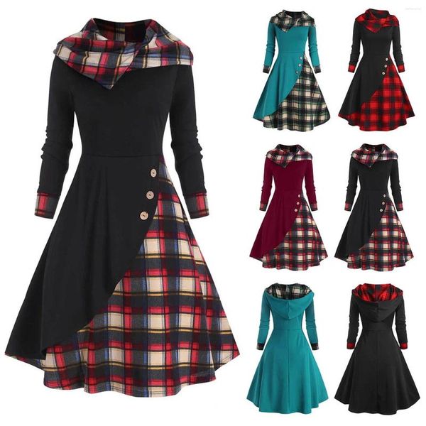 Vestidos casuais 2024 primavera outono manga longa vestido xadrez bloco de cor hoodie solto plissado mulheres pulôver cintura alta elegante
