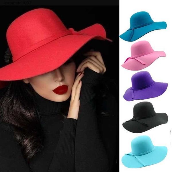 Cappelli a tesa larga 2023 Autunno e Inverno Vintage da donna elegante ampio cappello da sole marrone stile Fedora e borsalino in feltro morbido Hatl2403