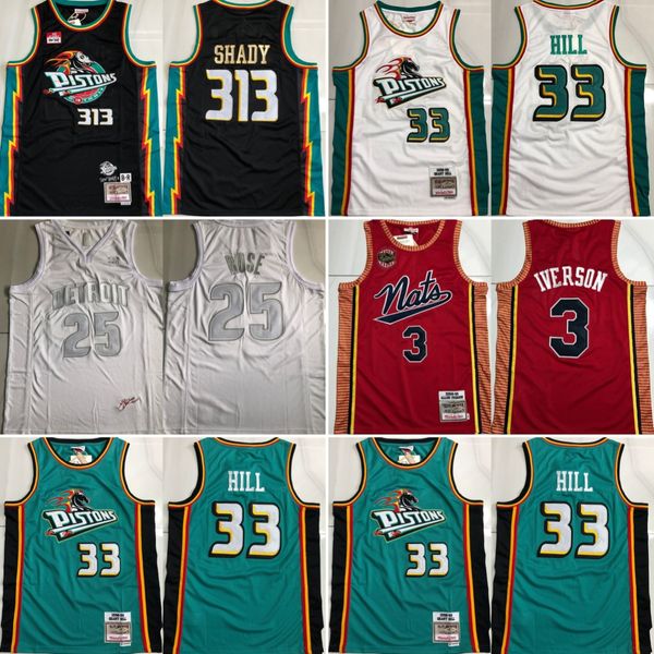 Maglie da basket retrò cucite autentiche 33 Grant Hill 313 Shady 3 Allen Iverson 1 Derrick Rose quattro maglie sportive top