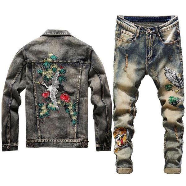 Neue Männer Jeans Jacke Sets Mode Herbst Stickerei Rot Gekrönter Kranich Anzug Weste Gestickte Tiger Kopf Jeans Herren Kleidung 2 Pie6480036