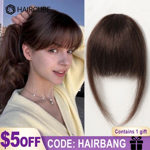 Patlama Remy İnsan Saç Patlama Saç Klipsinde Bangs Doğal Kahverengi Wispy Bang Fringe Tapınaklarla Saç Parçası Kadınlar İçin Klipsi Hava Bang 4.5in