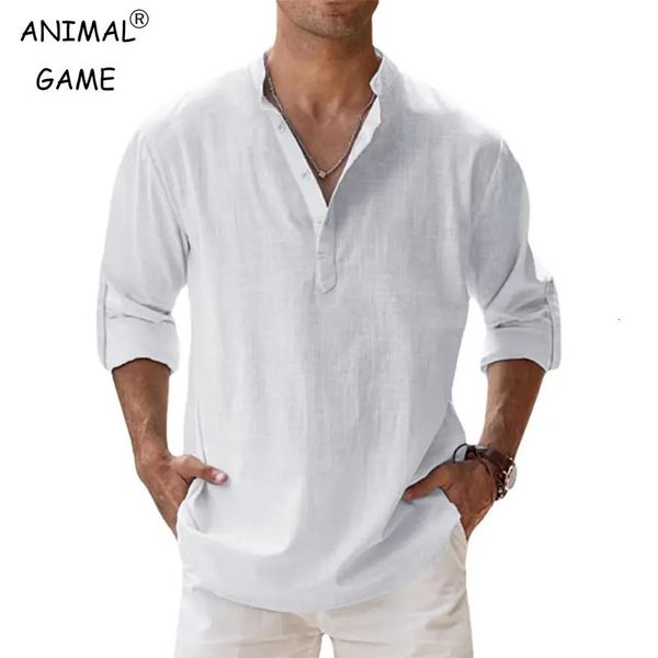 Camicie da uomo in cotone Camicia casual a maniche lunghe in lino con bottoni e colletto a fascia Top larghi M5XL 240321