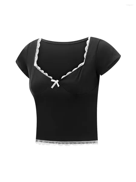 T-shirt da donna Y2K Manica corta Crop Top per le donne Lace Trim Sweetheart Neck Baby Tee Shirt Bow Coquette Abiti estetici Anni 2000