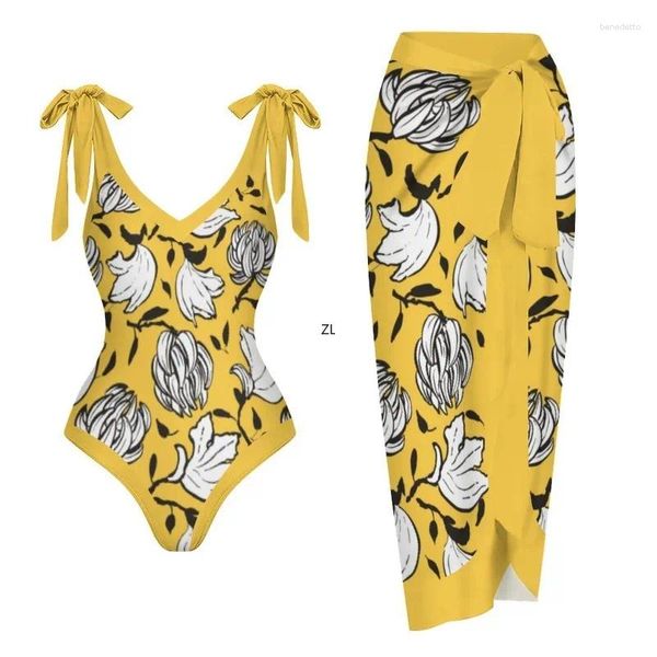 Abbigliamento etnico Costume da bagno giallo con scollo a V Costume da bagno da donna con spalline eleganti Abito da spiaggia sexy con scollo all'americana e bikini con fiocco