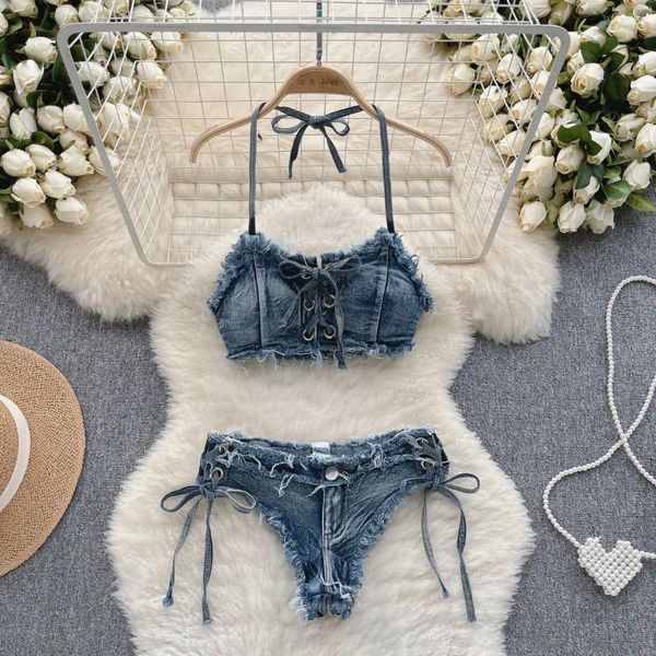 Mulheres Swimwear 2024 Biquinis Set Verão Sexy Denim Strap Bra Colete e Cintura Baixa Shorts Banheira Terno