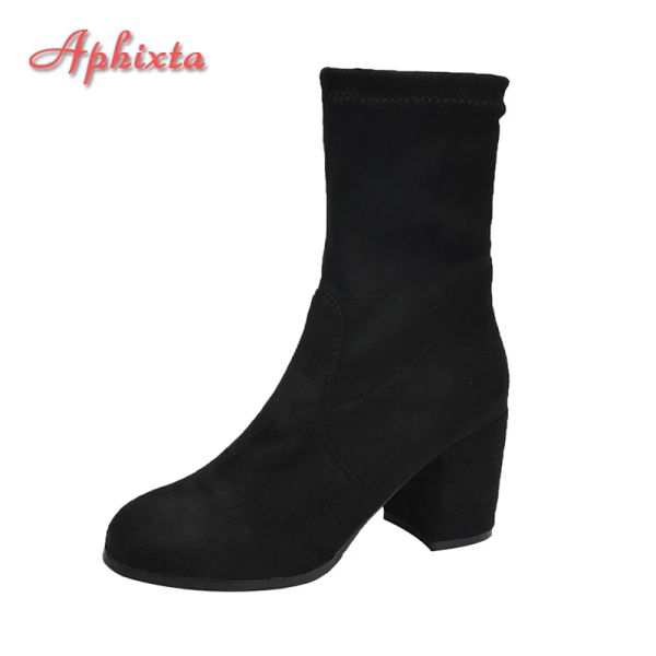 Botas Aphixta Europeias Sexy Mulheres Socks Tornozelo Botas Autumn Inverno Novo Estreto elástico Quadrado Ranta de 7 cm de altura Boots Shoes Slim