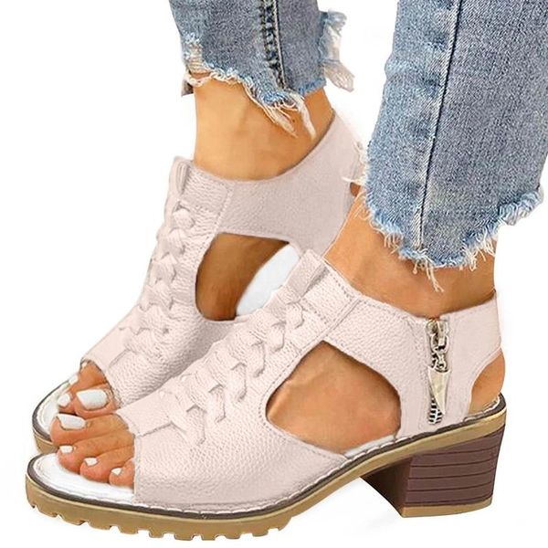 Sandali da donna punta aperta cinturino alla caviglia cerniera tacco alto tacchi grossi zeppa scarpe da passeggio piatte e rotonde per le donne