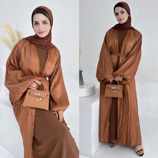 Abbigliamento etnico Estate Dubai Abaya Kimono lucido e velato Donne musulmane Maniche a sbuffo Festa serale Islam Ramadan (Senza vestito interno Senza sciarpa)