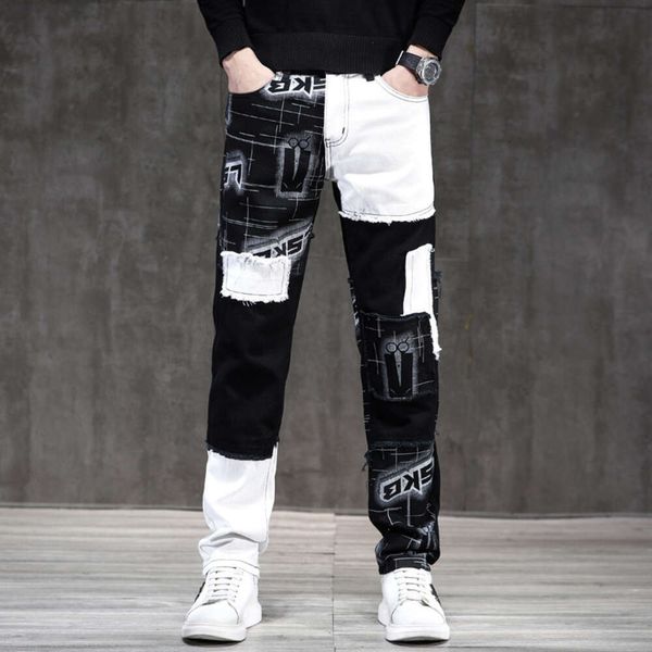 2023 outono nova rua jeans emendados masculinos na moda e personalizado pequeno reto meados de cintura calças compridas para homem