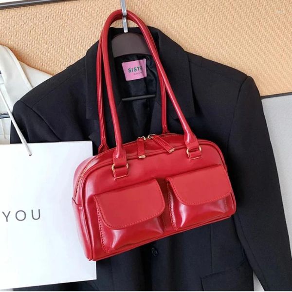Bolsas de ombro retro vermelho feminino satchel hobo saco de couro patente multi bolso luxo designer bolsa feminina axilas tote bolsas