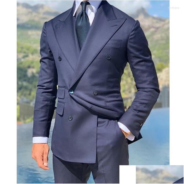 Mens Suits Blazers lacivert Resmi Erkekler İş İnce Fit Özel Damat Smokin Parti 2 Parça Erkek Moda Kostümü 2023 Damla Teslim Ott4v