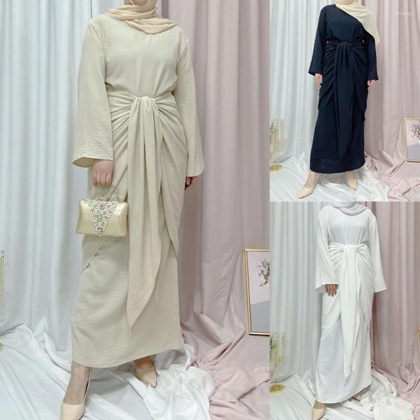 Roupas étnicas Mulheres Árabe Muçulmano Manga Longa Maxi Vestido Ramadan Islâmico Cor Sólida Envoltório Frente Auto-Tie Abaya Dubai Turquia Hijab Robe