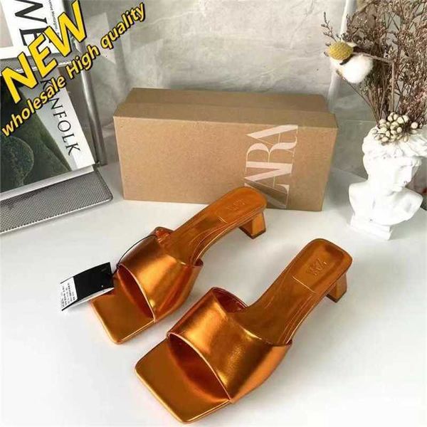 Negozio economico 90% di sconto all'ingrosso Za scarpe da donna punta quadrata aperta sul retro tacchi spessi vuoti sandali alti pantofole in pelle dorata minimalista