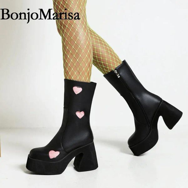 BOOTS BONJOMARISA NOVA plataforma de moda Chunky Block High Heels Love Heart Women Boots Fashion Party Designer Casual Ladies Sapatos