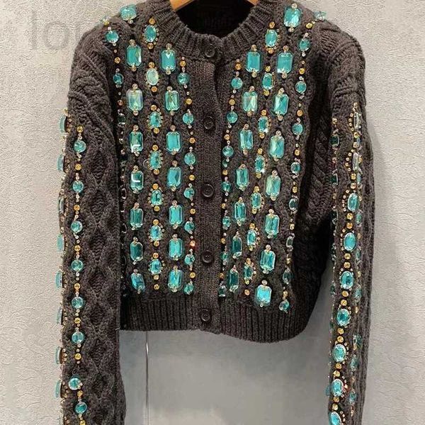 Mulheres Malhas Tees Designer Marca Miu Estilo Cinza Torcido Flor Suéter Cardigan Feito à Mão Frisado Costurado Diamante High-end Jaqueta de Malha Top para Mulheres