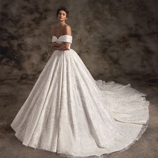 Magnifico abito da sposa a trapezio con maniche a spalla scoperta Perline stampe floreali Abiti da sposa principessa ricamati con strati multistrato Delicato tulle bling