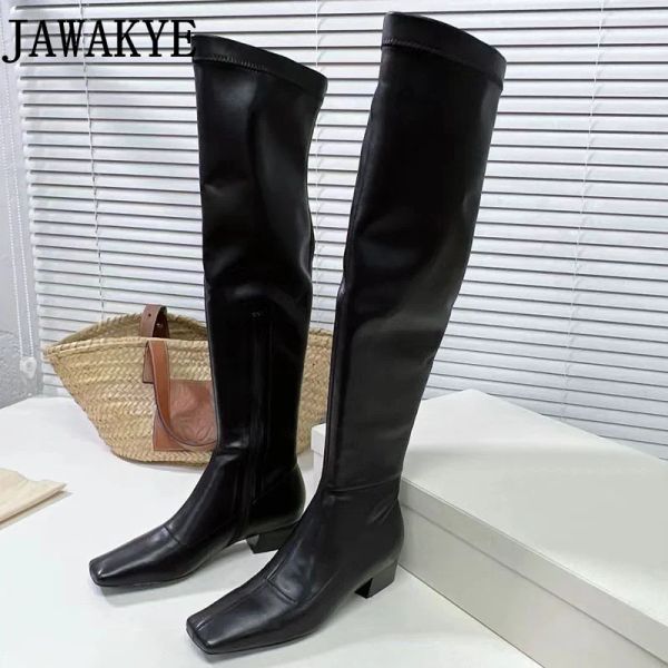 Stiefel 2023 Europäische Brand Elastizität Kniestiefel sexy schlanke fit Square Zeh Oberschenkel Stiefel Freizeitparty Schuhe Winter lang schwarze Stiefel