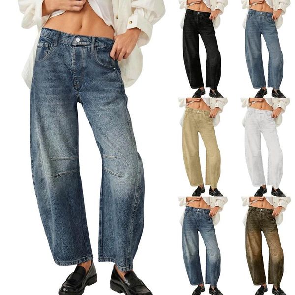 Kadınlar Kot Pantolon Pantolon Orta Rise Namlu Geniş Bel Kırpılmış Denim Bol Jean Yelek