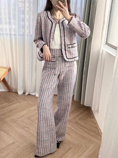 Giacche da donna Donna Tweed Set O-Collo Cappotto a maniche lunghe o nappe Minigonna a trapezio Cintura a catena Pantaloni dritti Abito femminile 2024 Primavera