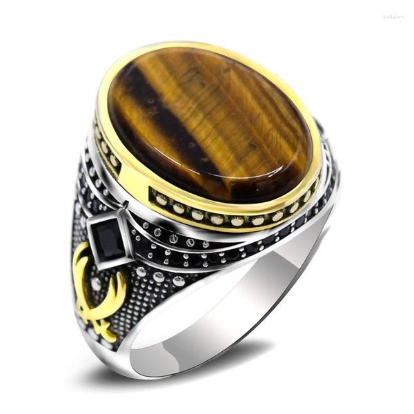 Anéis de cluster Natural Tiger Eye Pedra S925 Anel de Prata Pura Vintage Mulheres e Homens Aniversário de Casamento Comemorativo Presente Jóias