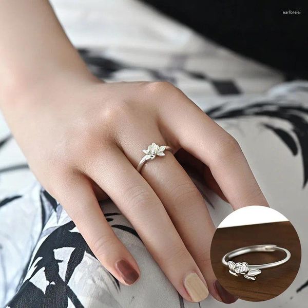 Cluster Ringe 925 Sterling Silber Lotus Blume Offener Ring Für Frau Mädchen Mode Vintage Pflanzen Design Schmuck Party Geschenk Drop